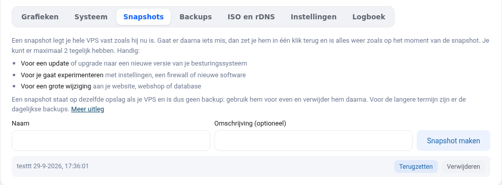 L'onglet Snapshots pour créer, restaurer et supprimer un snapshot